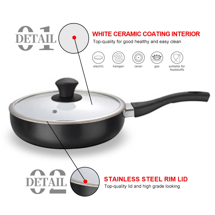 Non Stick Straight Deep Fry Pan with Ss Rim Glass Lid White Ceramic Inside Pots and Pans Aluminum Cookware with Induction Bottom