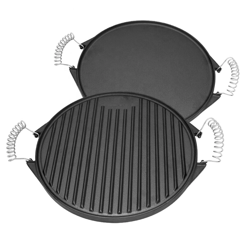 Double Sided Round Cast Iron Reversible BBQ Grill Griddle Frying Pan